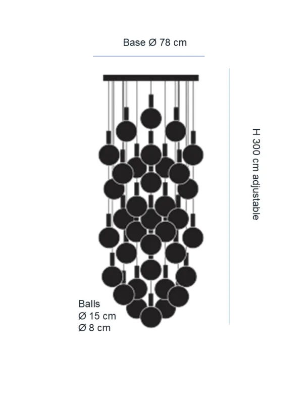Dimension drawing of the glass sphere chandelier: 78 cm base, 300 cm adjustable drop, 15 cm and 8 cm balls