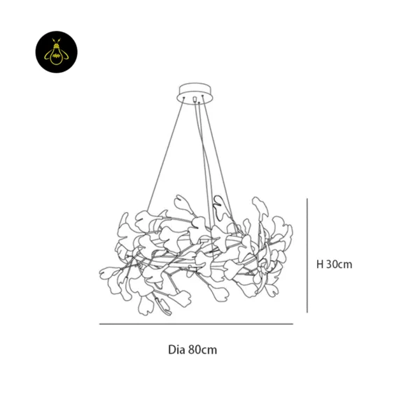 Ginkgo leaf chandelier dimensions drawing – 80 cm diameter and 30 cm height