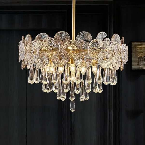 Gold crystal mushroom chandelier, side view – Jagmag Lights