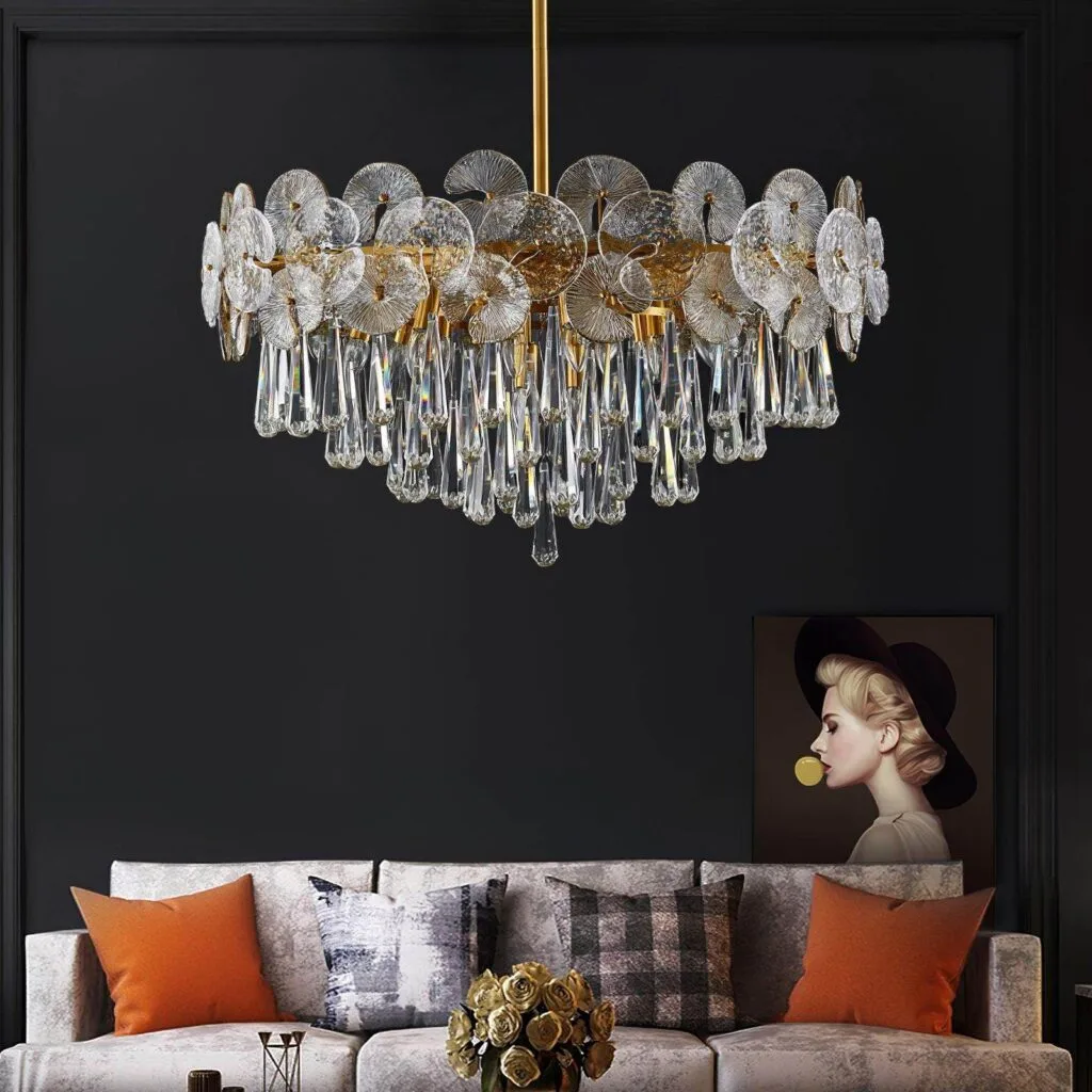 Crystal mushroom chandelier with gold ring frame, lit – Jagmag Lights