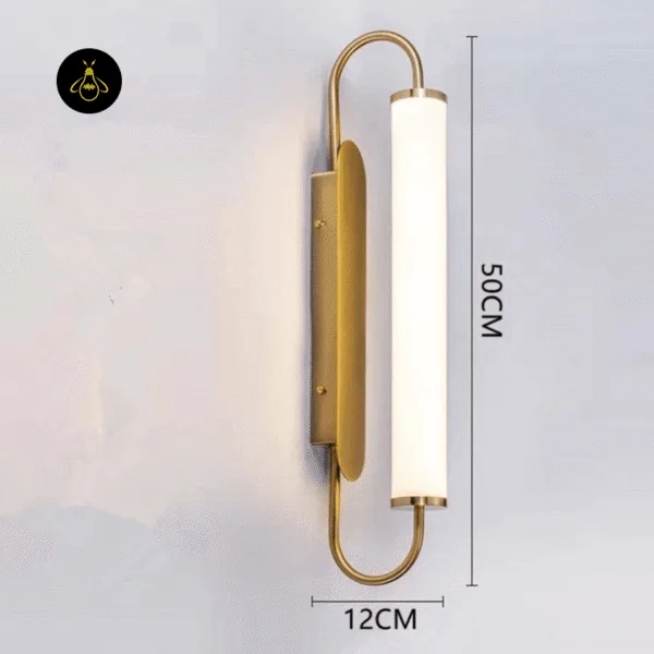 Dimension drawing of the thin wall light: 50 cm tall and 12 cm wide, gold stainless steel frame and opal acrylic tube