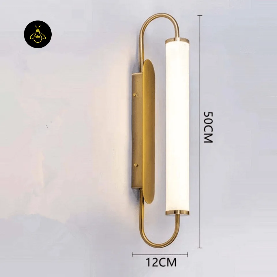 Gold LED Wall Light – 50 cm Acrylic Tube Sconce for Bedside 4 Gold metal frame and opal acrylic tube of the LED wall light, 50 cm by 12 cm