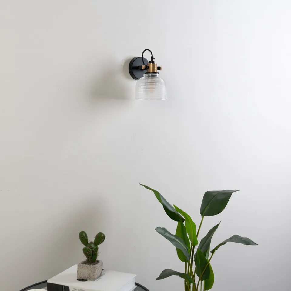 Textured Glass Wall Light – Adjustable Ribbed Bell Sconce, 14.5 cm 11 E27 textured glass wall sconce with a ribbed bell shade