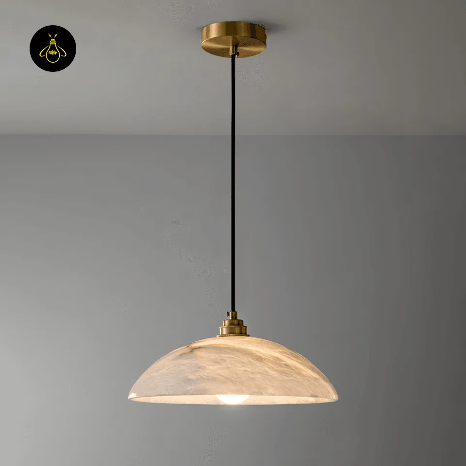 Alabaster Hanging Light – 30 cm Handcrafted Dome Pendant 2 Alabaster dome pendant light on a black cord with gold ceiling canopy