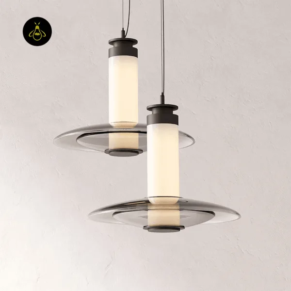 Two black glass hanging lights with smoked borosilicate glass discs and lit frosted tubes, Model B