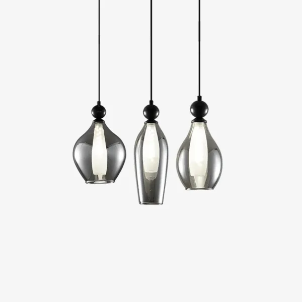 Black smoked glass pendant light in three teardrop shapes, smoked borosilicate glass with matte black stainless steel tops