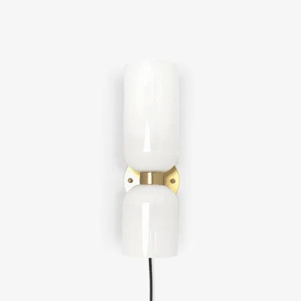 Unlit opal borosilicate glass wall sconce for bedroom with satin brass finish backplate and two fixing screws