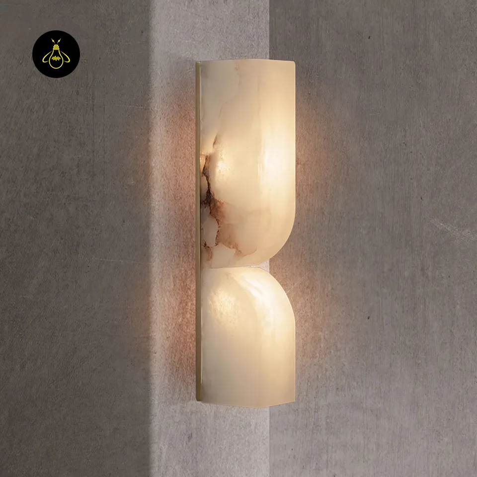 Alabaster Up and Down Wall Light – Carved Natural-Stone Sconce, 35 cm 6 Alabaster up and down wall light in a hallway giving a warm indoor wall wash