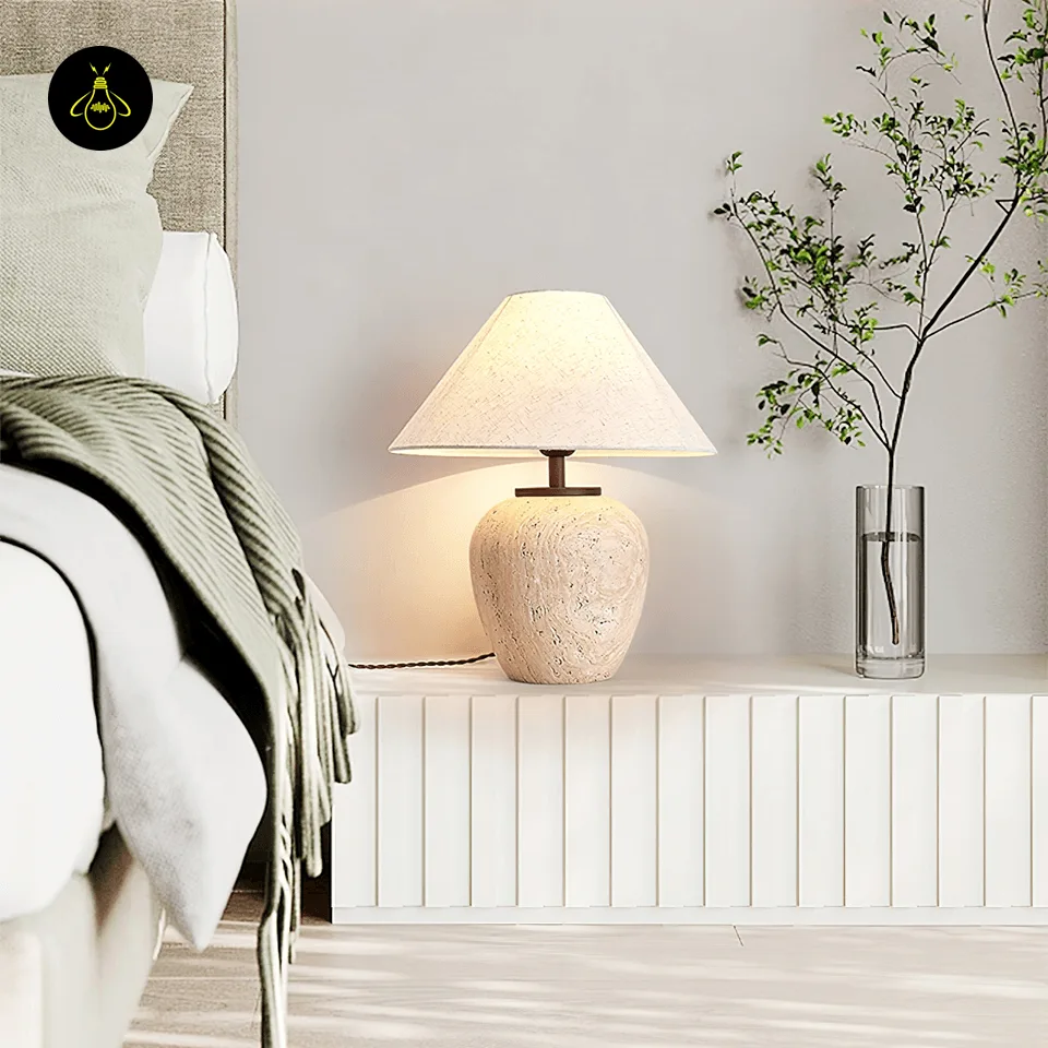 Travertine Finish Table Lamp with Fabric Shade – Hand-Polished Coating on Ceramic, 56 cm 3 Elegant natural-stone travertine table lamp design