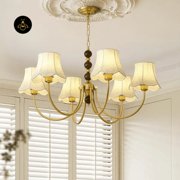 6-light gold fabric shade chandelier with walnut wood accents for the dining room