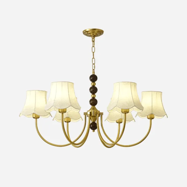 Fabric shade chandelier in gold with six ivory bell-shaped fabric shades for the living room