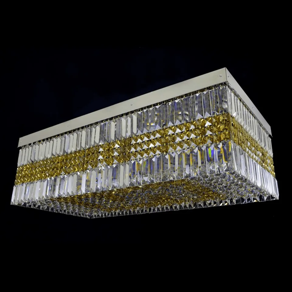 Crystal Ceiling Light – Rectangular Tiered Crystal Flush Mount, Gold or Black 4 Rectangular crystal ceiling light — gold tiered flush-mount crystal fixture with warm bulbs