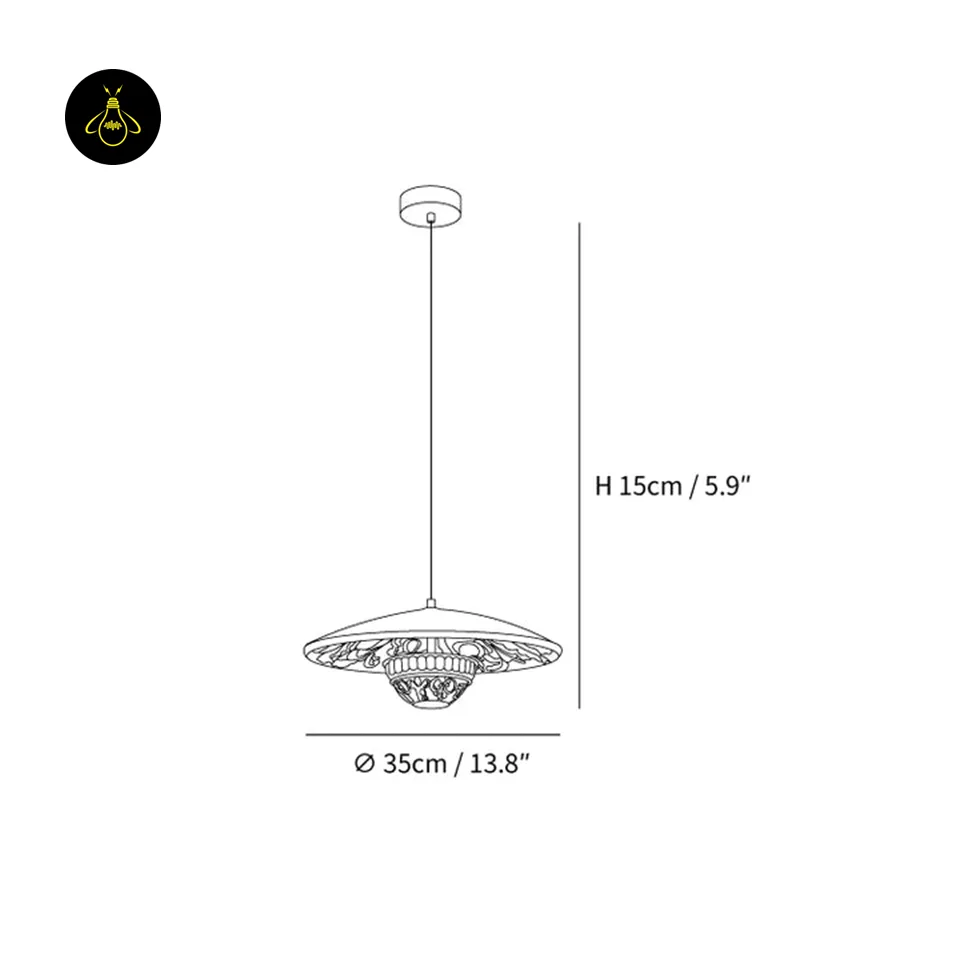 Resin Pendant Light – White Flying Saucer Disc, 35 cm 3 Resin pendant light dimensions, 35 cm wide by 15 cm high flying-saucer disc spec drawing