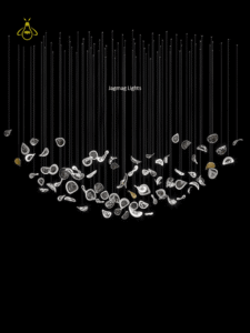 Glass leaf jhumar chandelier in a wide cascade of hand-blown glass petals for a living room