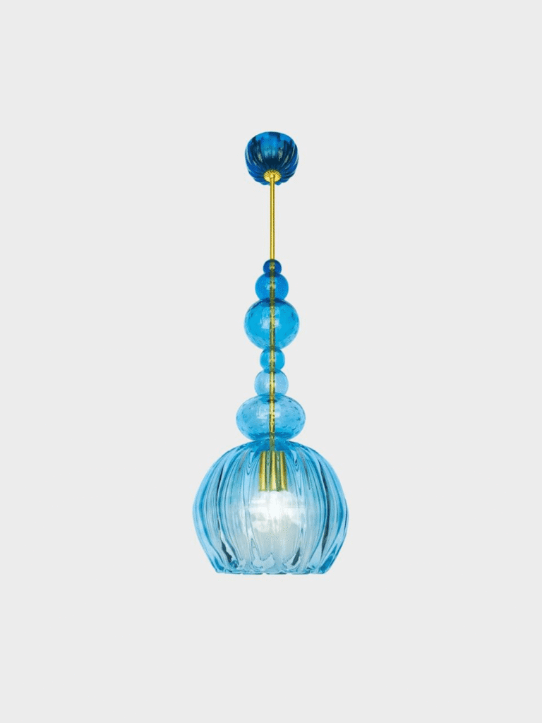 Blue glass pendant light with PVD gold finish – front view, SS304 frame with crystal accents