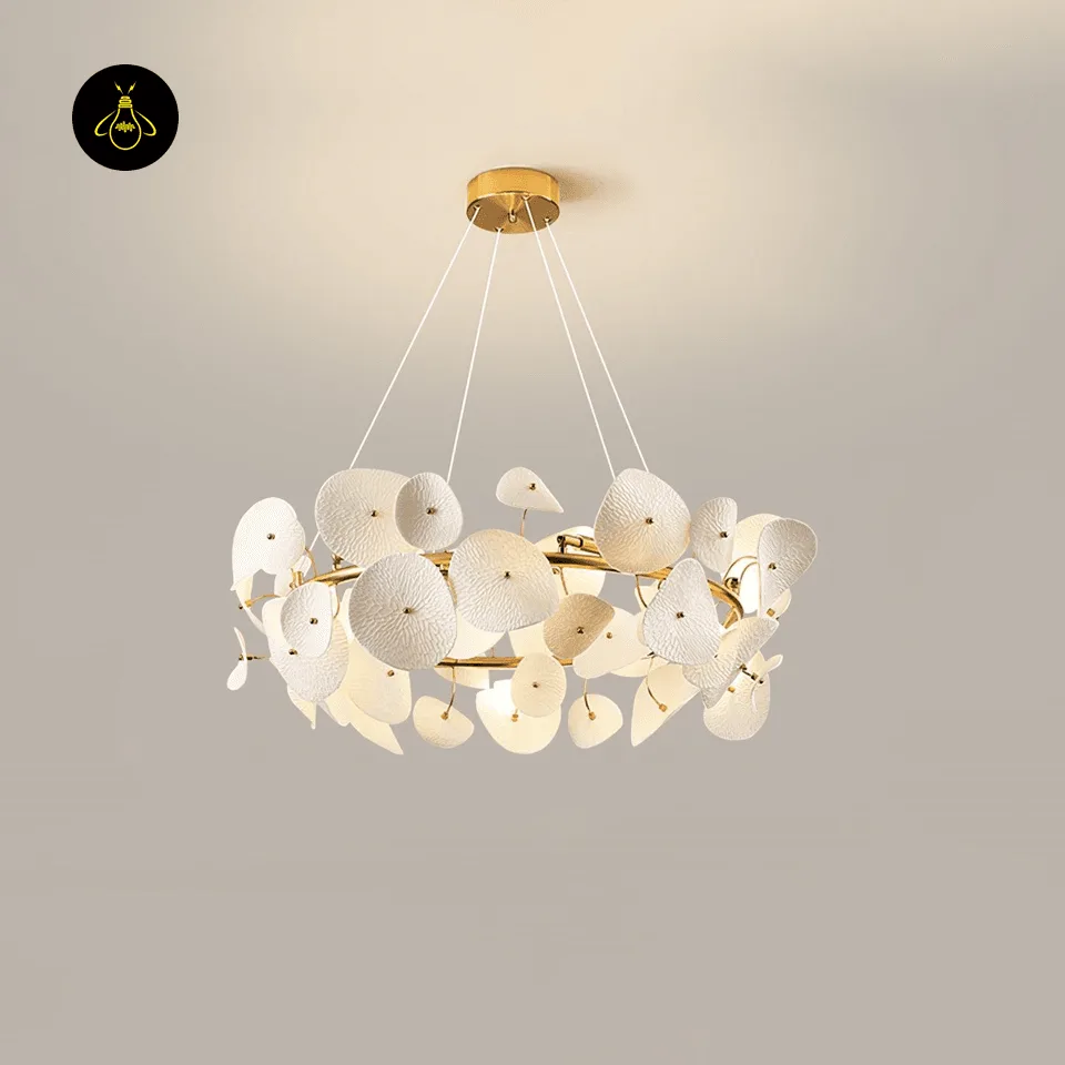 Lotus Chandelier – 80 cm White Ceramic Petal Ring for Living & Dining Rooms 2 Ceramic lotus petal chandelier close-up showing gold centre studs on a brushed-brass ring