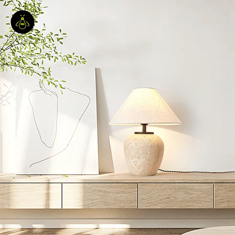 Travertine Finish Table Lamp with Fabric Shade – Hand-Polished Coating on Ceramic, 56 cm 7 Hand-polished travertine-finish ceramic table lamp by Jagmag Lights