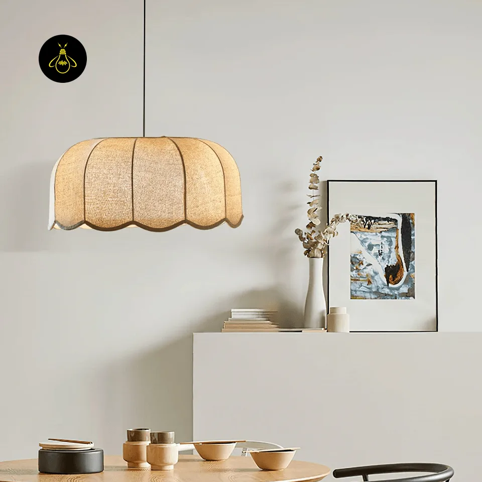 Fabric Pendant Light – Scalloped Beige Linen Shade, 45 cm 6 Handcrafted fabric pendant light with beige scalloped shade over a console