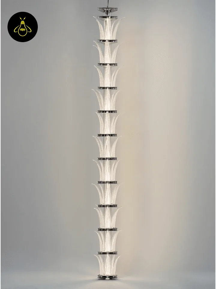 Long chandelier for staircase – Talar 300 cm Murano glass column on a polished chrome frame