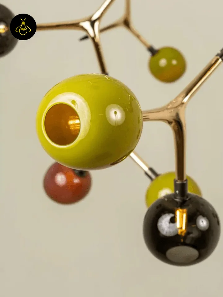 Cluster Chandelier – 15-Light Glass Globe Bronze Branch Design, 140 cm 4 Olive, burgundy and smoke glass globes on a polished bronze cluster chandelier