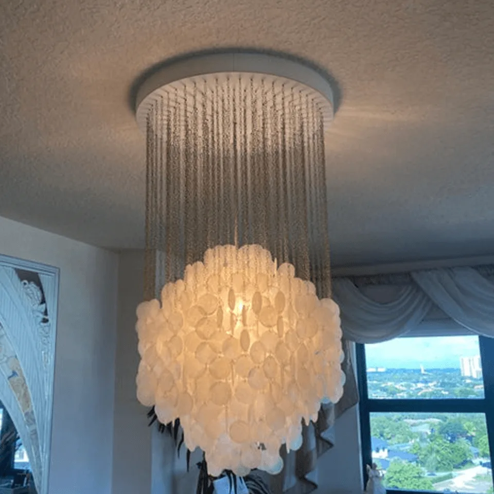 Capiz Shell Chandelier – 80 cm White Cascade of Iridescent Shells 4 Polished chrome canopy and chains of the capiz shell chandelier
