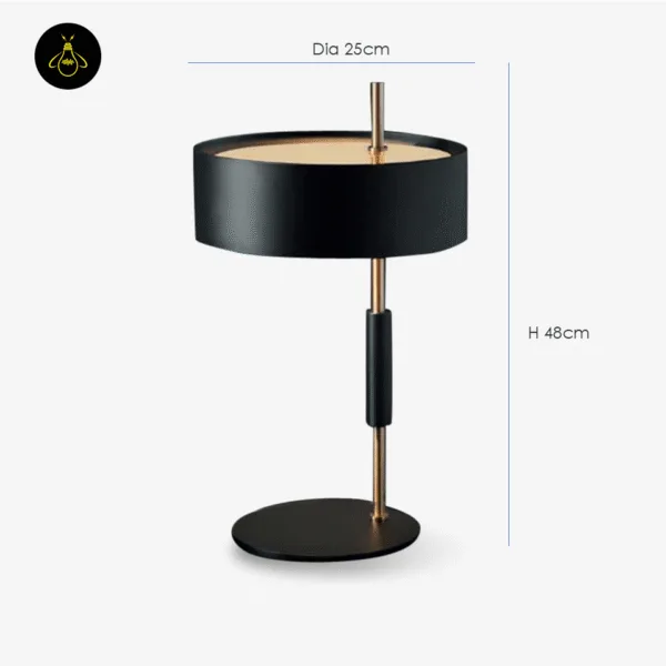 Black gold table lamp dimensions - 48 cm height with 25 cm drum shade diameter