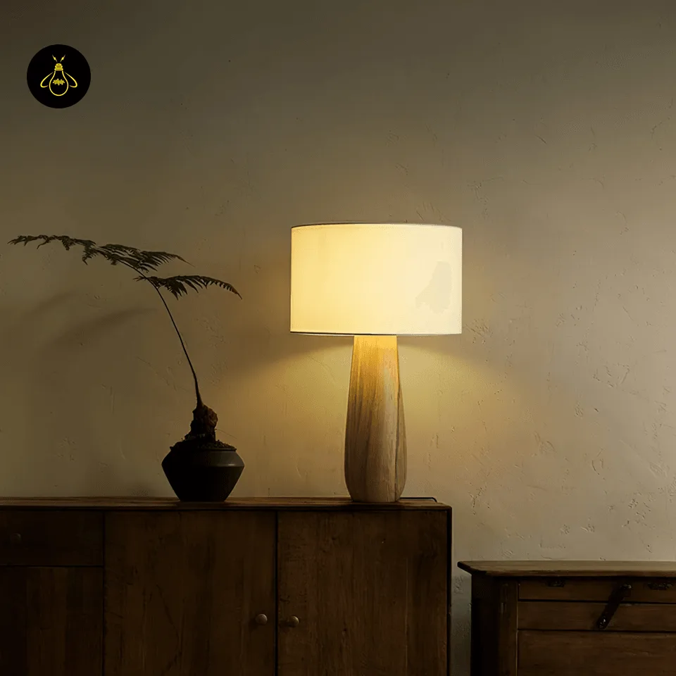 Wooden Table Lamp with Linen Shade – Sierra 50 cm Bedside Lamp 2 Handcrafted wooden table lamp with cream linen drum shade for bedrooms