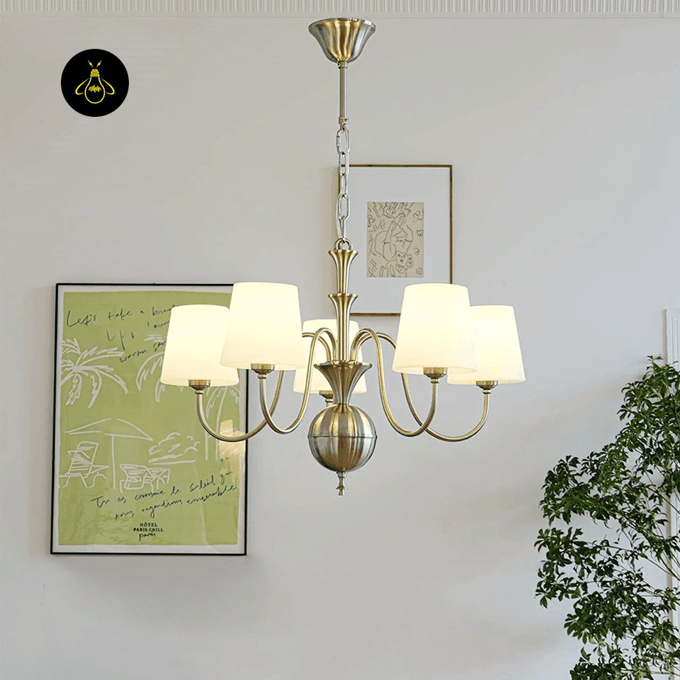 White Fabric Chandelier – 5-Light Shabby Chic Pendant, 60 cm 2 White fabric chandelier illuminated above a dining table