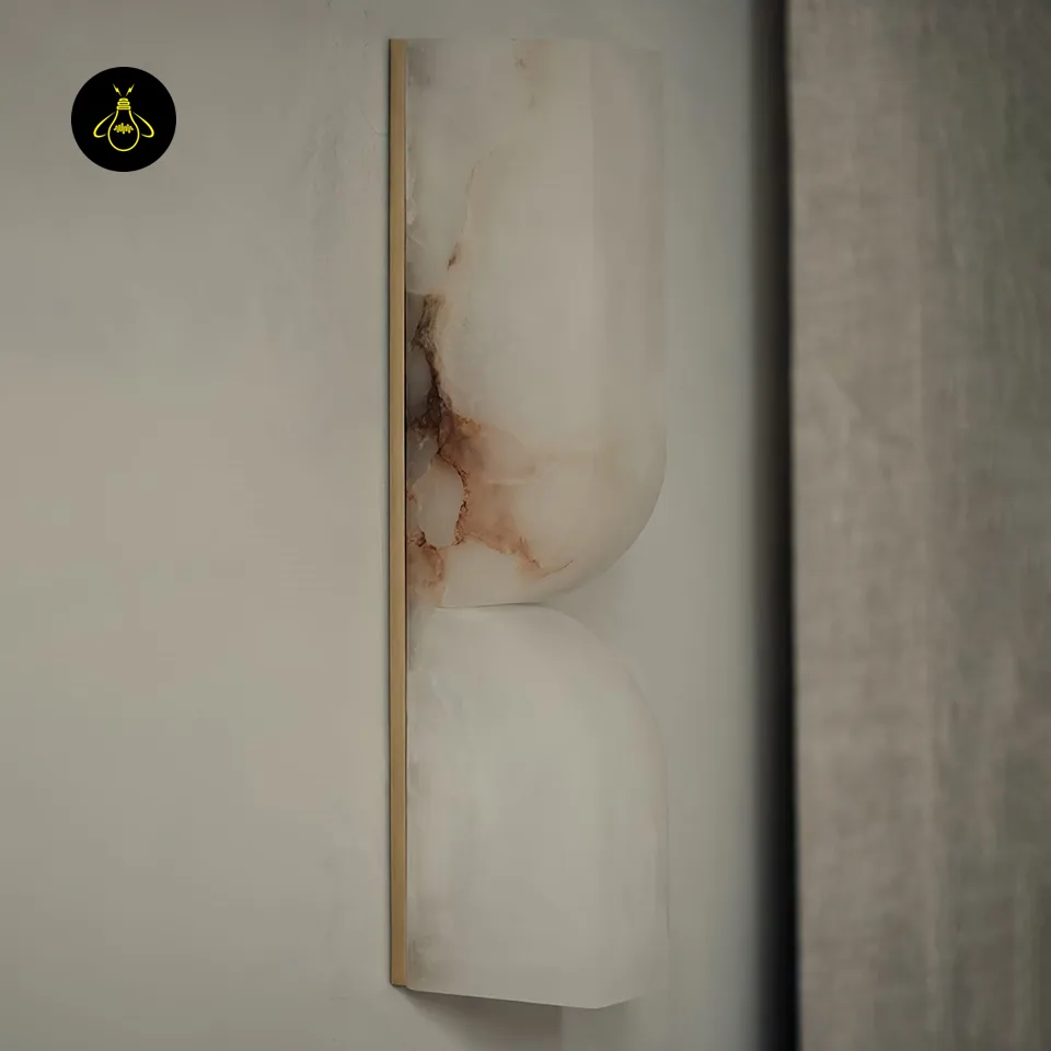 Alabaster Up and Down Wall Light – Carved Natural-Stone Sconce, 35 cm 7 Alabaster wall light gold-toned side spine detail with carved natural stone front