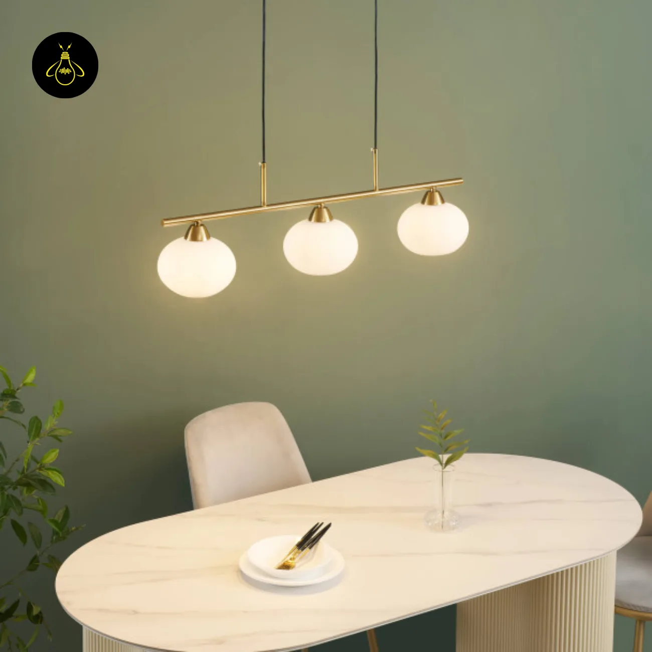 Triple White Opal Glass Chandelier – 3-Light Bar | Jagmag Lights 6 Opal white glass chandelier installed over dining table – overhead shot | Jagmag Lights