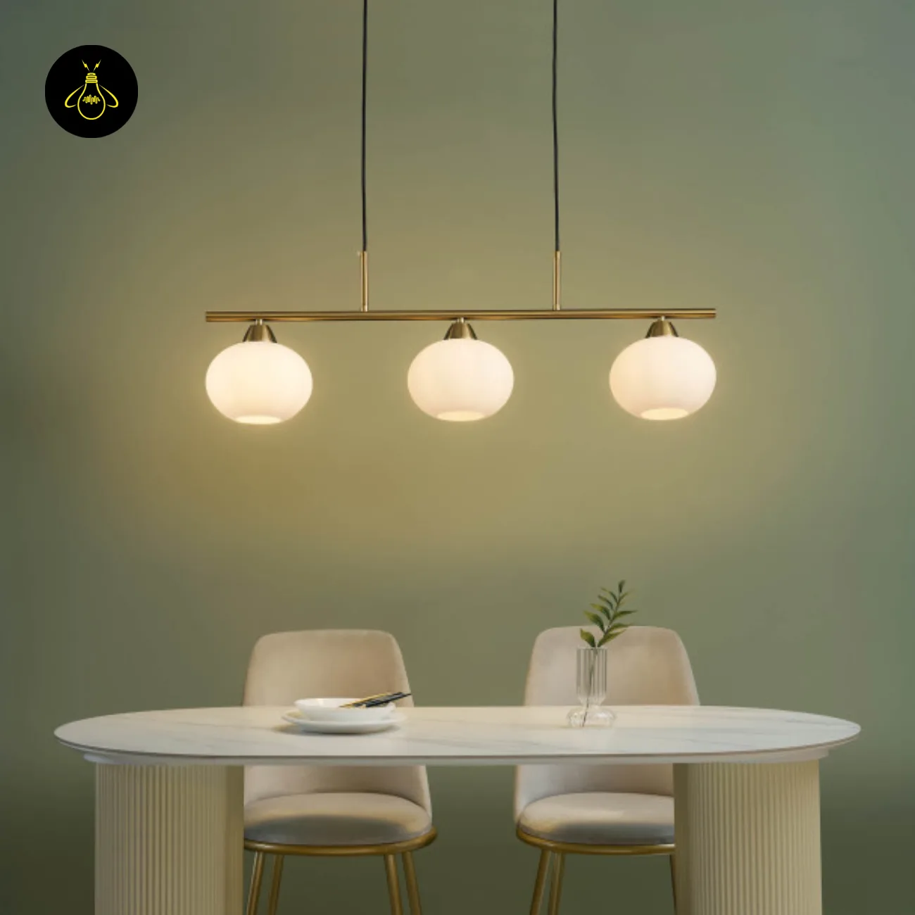 Triple White Opal Glass Chandelier – 3-Light Bar | Jagmag Lights 7 Triple white glass chandelier installed in dining room – angled view 1 | Jagmag Lights