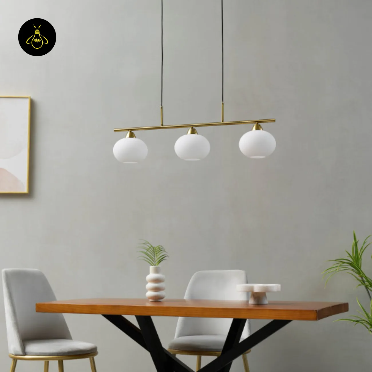 Triple White Opal Glass Chandelier – 3-Light Bar | Jagmag Lights 8 White glass chandelier cluster over dining table – room view 2 | Jagmag Lights