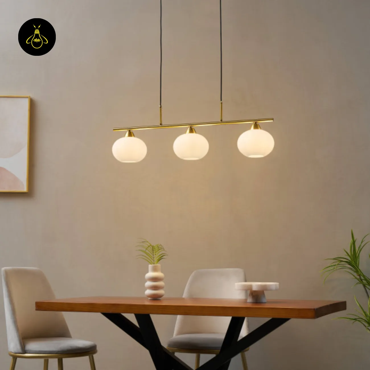 Triple White Opal Glass Chandelier – 3-Light Bar | Jagmag Lights 9 Alcyone opal glass chandelier ambient glow in dining space – view 3 | Jagmag Lights