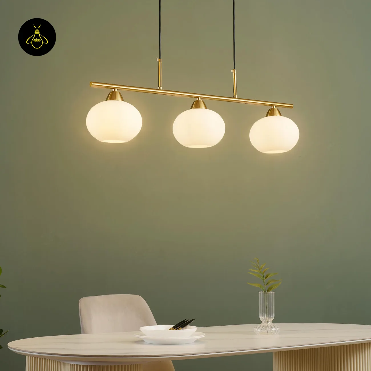 Triple White Opal Glass Chandelier – 3-Light Bar | Jagmag Lights 10 Triple chandelier with opal glass shades – Stainless Steel frame dining room view 4 | Jagmag Lights