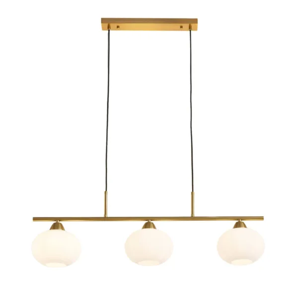 Linear pendant light with three opal glass globes on a brushed brass bar, front view on white