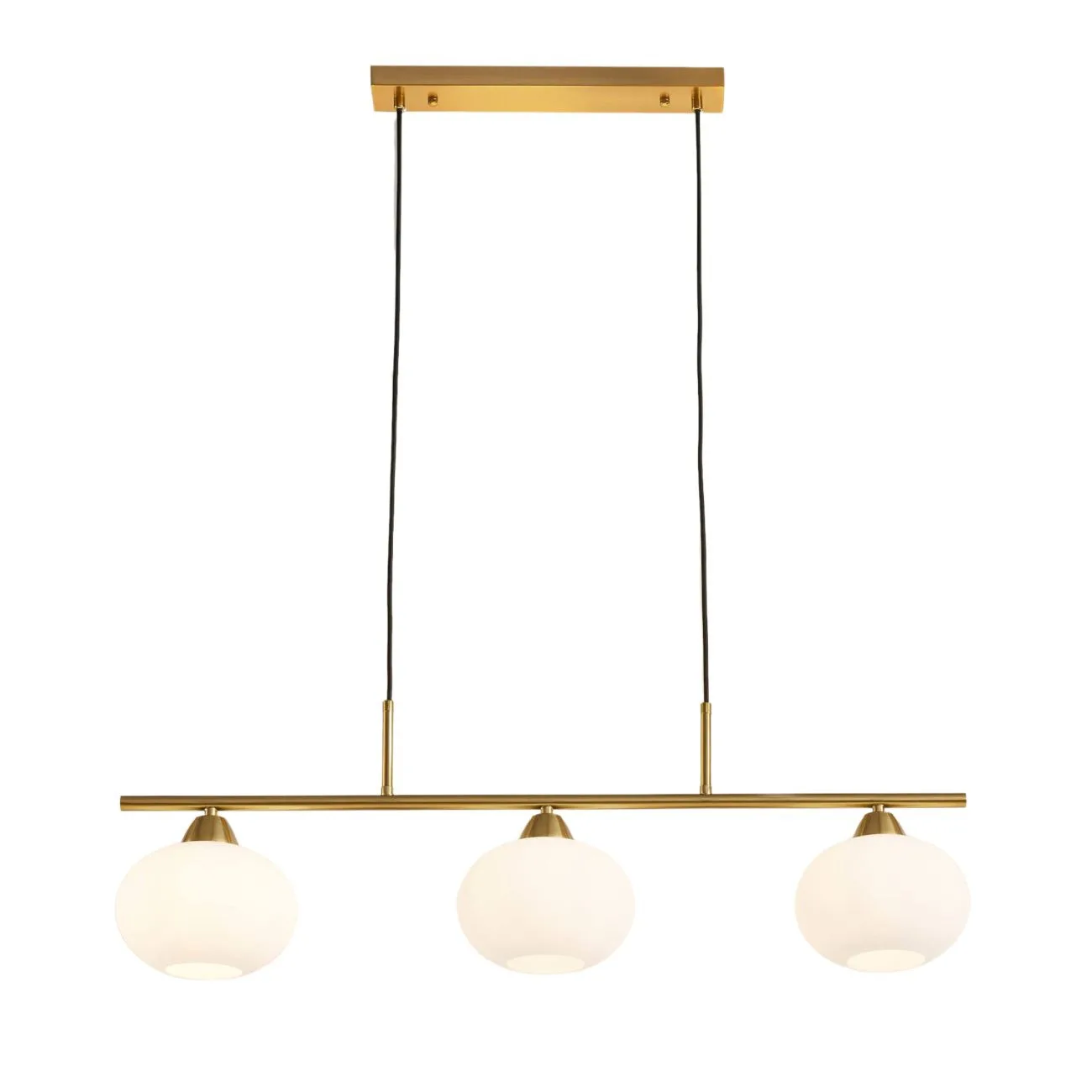 Triple White Opal Glass Chandelier – 3-Light Bar | Jagmag Lights 1 Triple white glass chandelier – top-down view showing three opal shades | Jagmag Lights