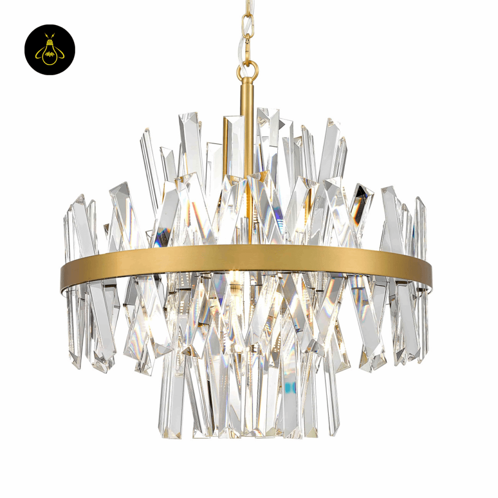 Gold crystal pendant light close-up detail – transparent crystal drops and gold SS frame – Ariella by Jagmag Lights