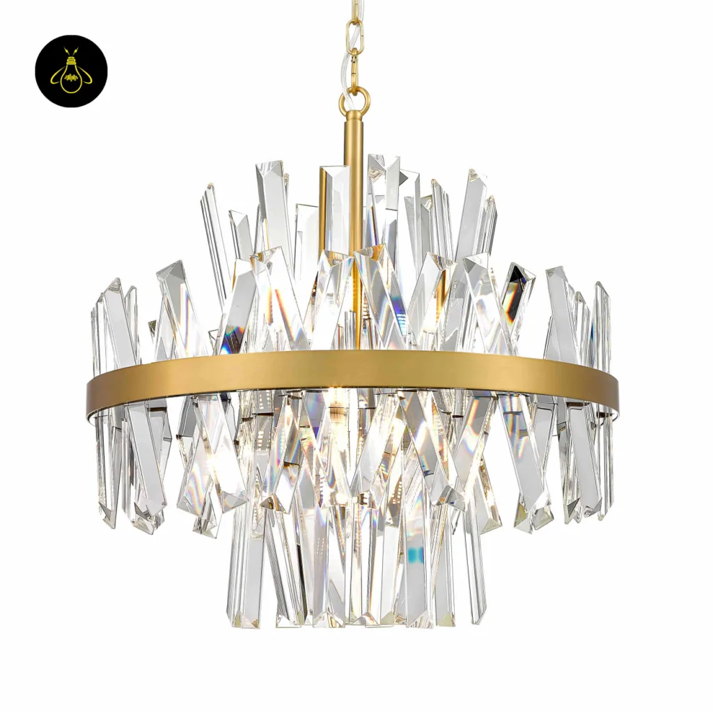Gold crystal chandelier close-up detail – transparent crystal drops and gold SS frame – Ariella by Jagmag Lights