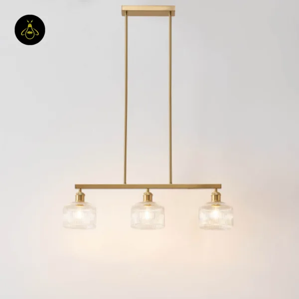 Full view of the ribbed glass chandelier on two rods from a rectangular canopy