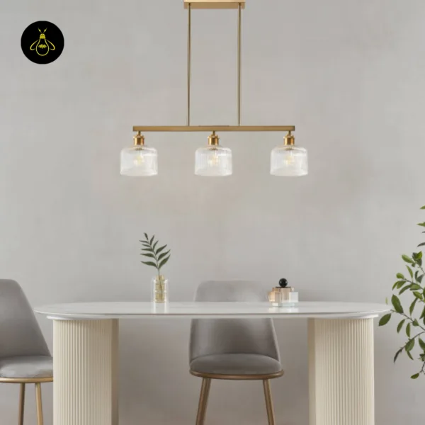 Ribbed glass chandelier centred over a white oval dining table with fluted legs