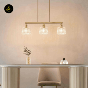 Ribbed glass brass pendant over dining table, alternate view