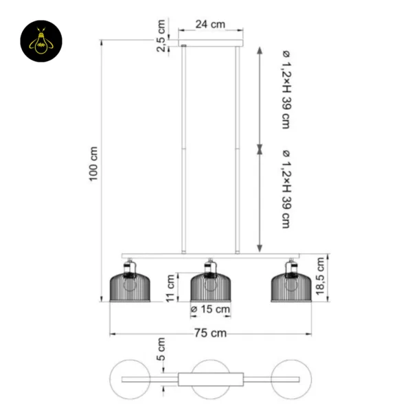Ribbed glass chandelier dimension drawing: 75 cm bar, 100 cm overall height, 15 cm shades