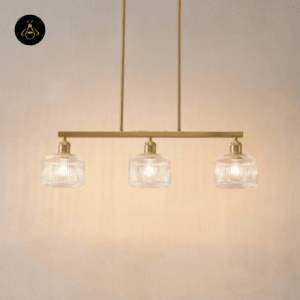 Ribbed glass brass triple pendant hanging, front view