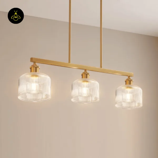 Ribbed glass chandelier lit at an angle, showing the bar and knurled holders