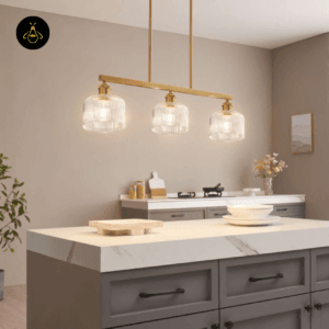 Ribbed glass triple pendant over a kitchen island
