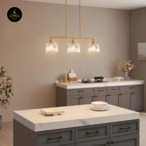 3-light brass pendant above a kitchen island
