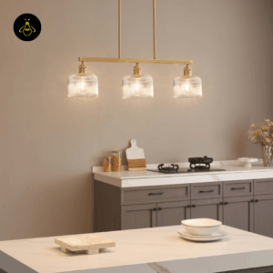 Triple ribbed glass pendant over kitchen island, alternate view