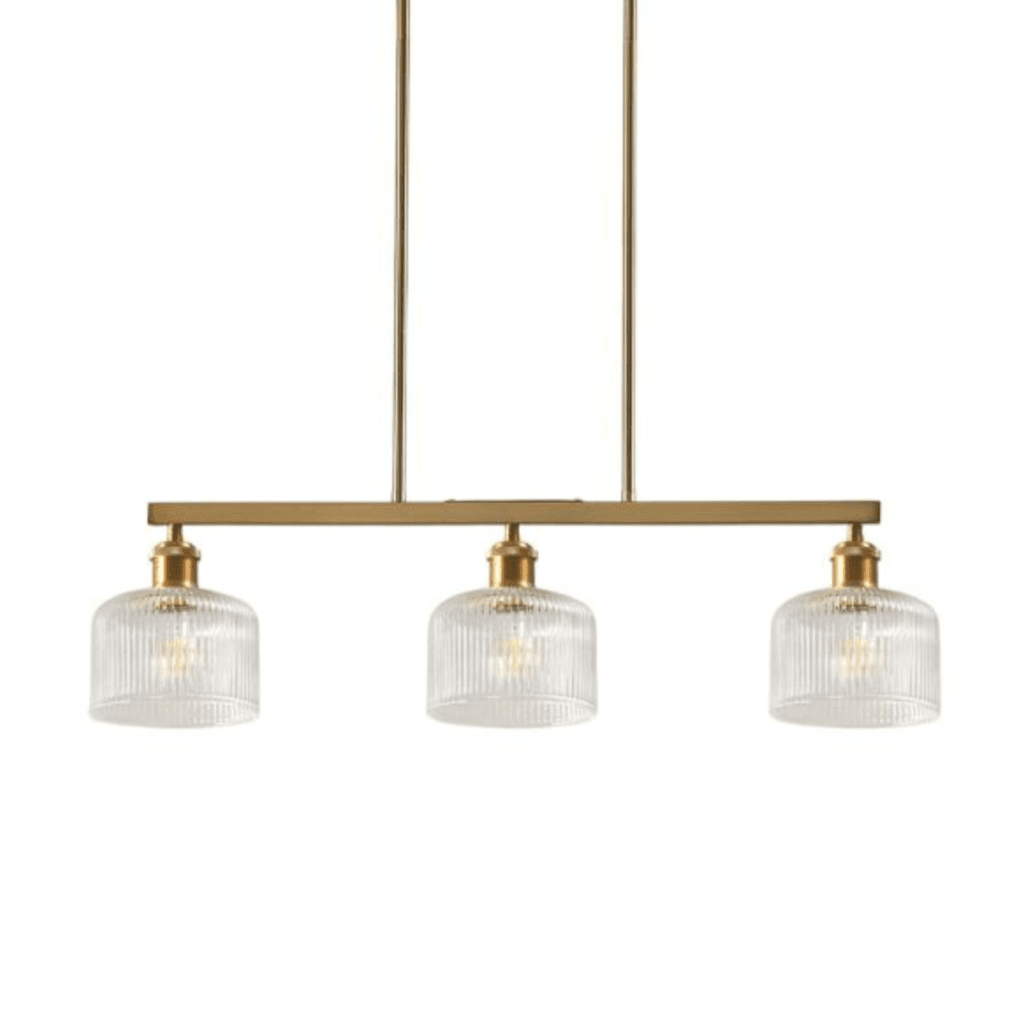 3-light ribbed glass brass pendant, front view