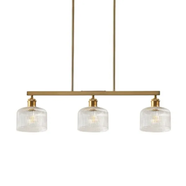 Ribbed glass chandelier with three clear shades on a 75 cm brass-finish bar, front view