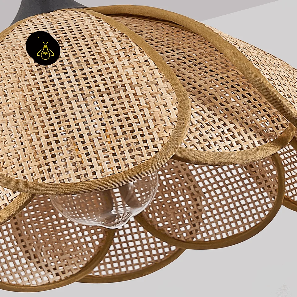 Rattan Flower Pendant Light – Handwoven Bloom Shade, 30 cm 3 Close-up of handwoven natural cane petals on the rattan flower pendant light